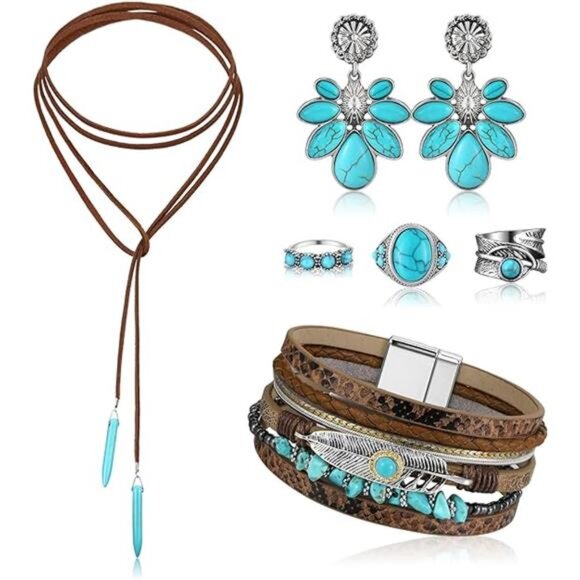 Turquoise Jewelry Set Necklace Earrings Bracelets Rings Boho Western Women Gift - Picture 6 of 6